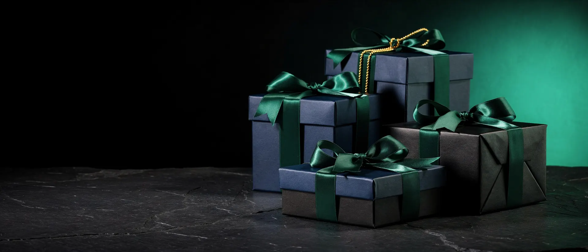 Premium navy gift boxes with emerald ribbons