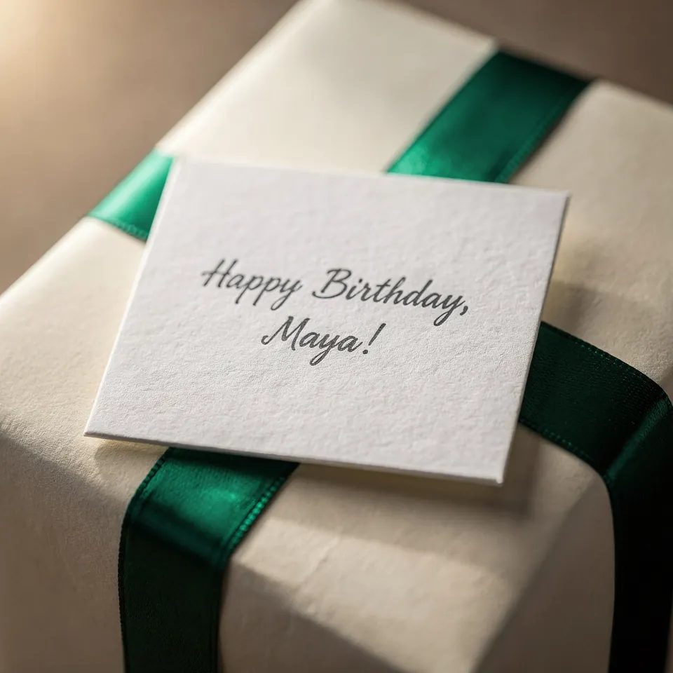Handwritten gift note reading Happy Birthday, Maya! on a wrapped gift