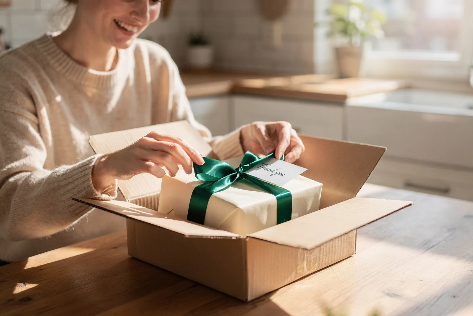 Customer smiling while unboxing a gift-wrapped order with an emerald ribbon and thank-you card