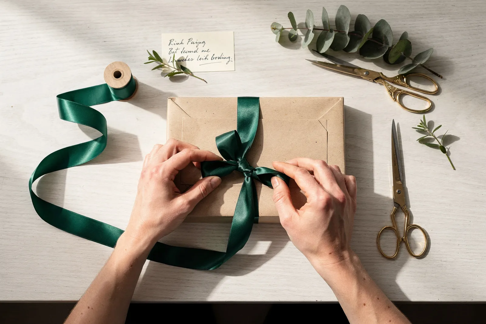 Hands tying an emerald ribbon around a kraft-paper gift on a bright desk